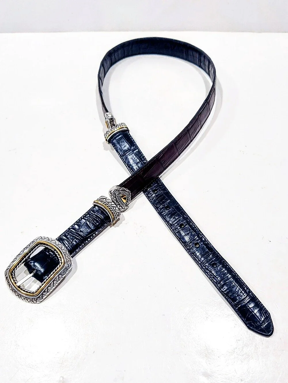 Reversible Leather Belt Black Brown Croc Embossed Two Tone Silver Gold Buckle 30